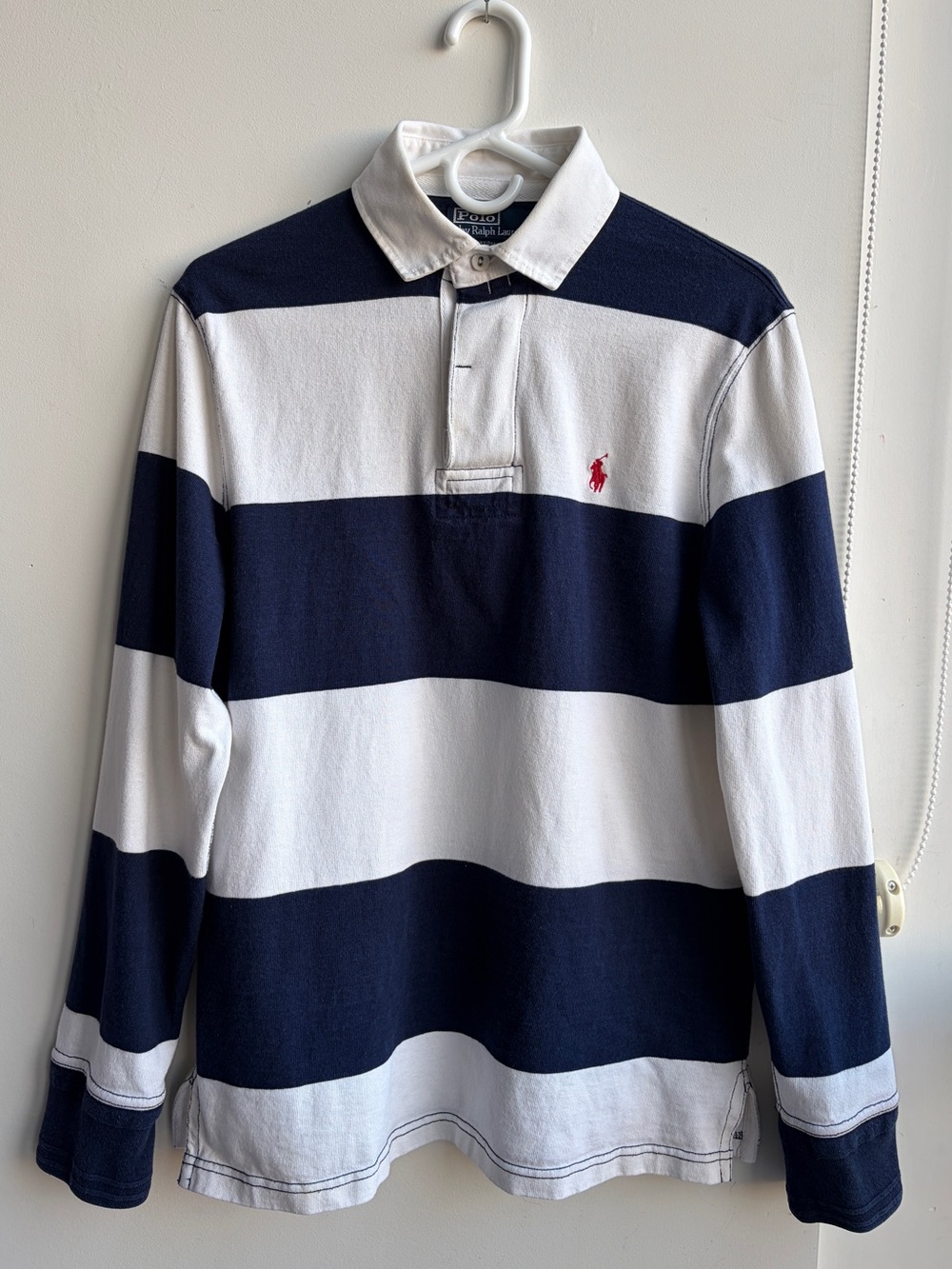 Polo by Ralph Lauren Custom Fit Navy and White Striped Rugby Polo with red logo